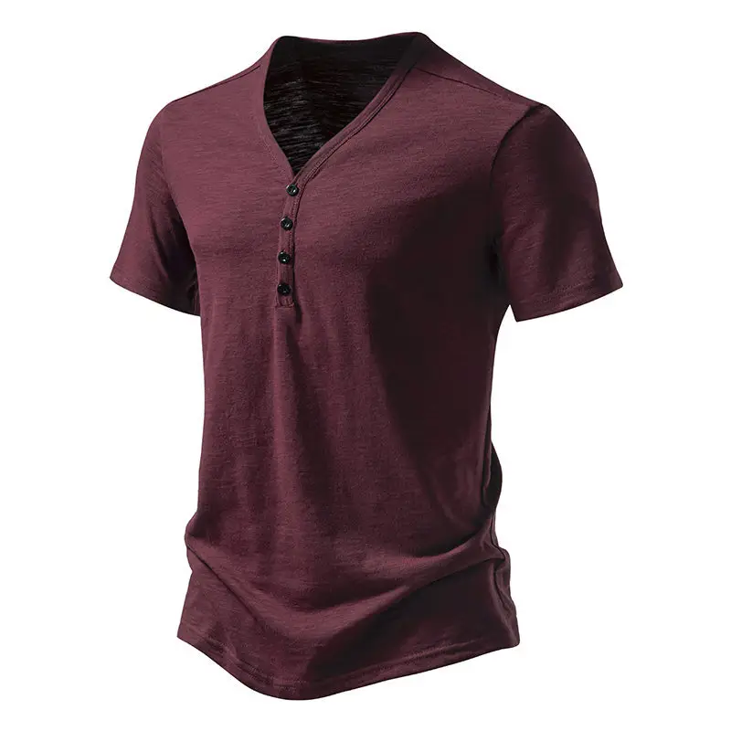 Men's V-neck T-shirt Olive Green 4-Button Slub Cotton — feature 18