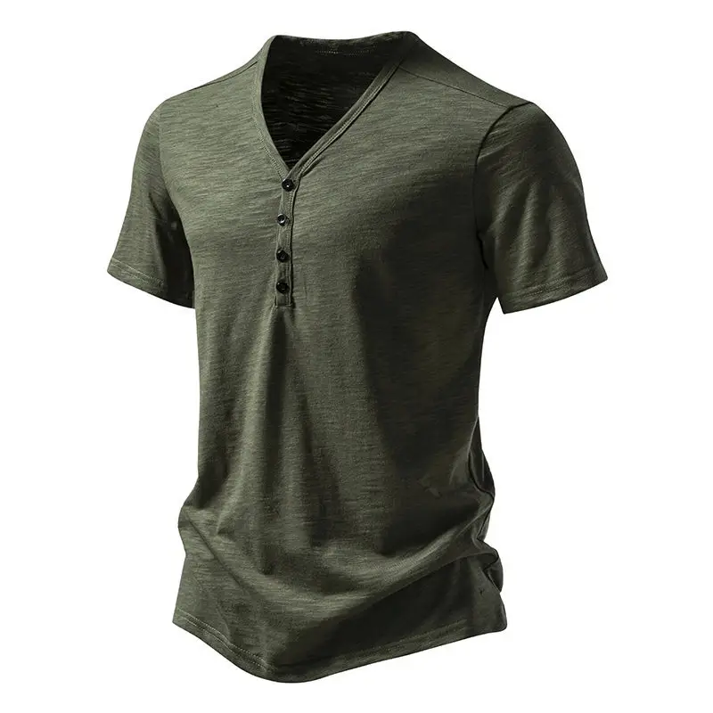 Men's V-neck T-shirt Olive Green 4-Button Slub Cotton — feature 26