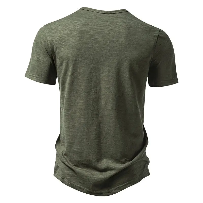 Men's V-neck T-shirt Olive Green 4-Button Slub Cotton — feature 27