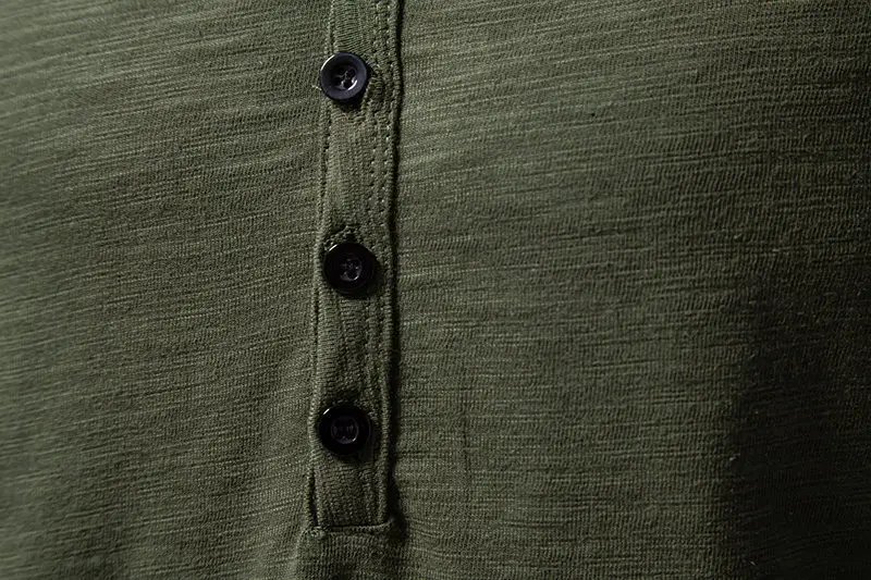 Men's V-neck T-shirt Olive Green 4-Button Slub Cotton — feature 29