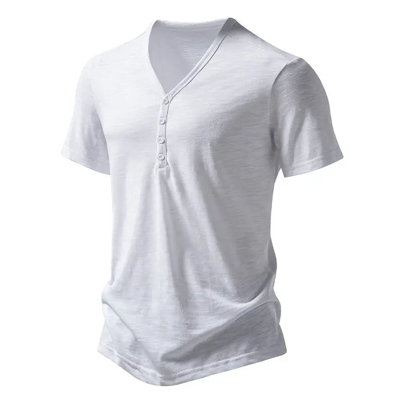 Men's V-neck T-shirt Olive Green 4-Button Slub Cotton — feature 3
