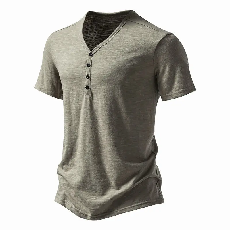 Men's V-neck T-shirt Olive Green 4-Button Slub Cotton — feature 34