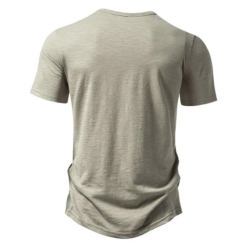Men's V-neck T-shirt Olive Green 4-Button Slub Cotton — feature 35