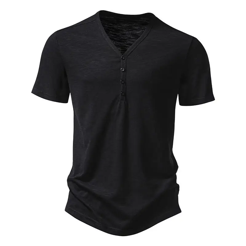 Men's V-neck T-shirt Olive Green 4-Button Slub Cotton - Image 2