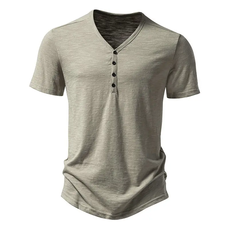 Men's V-neck T-shirt Olive Green 4-Button Slub Cotton - Image 4