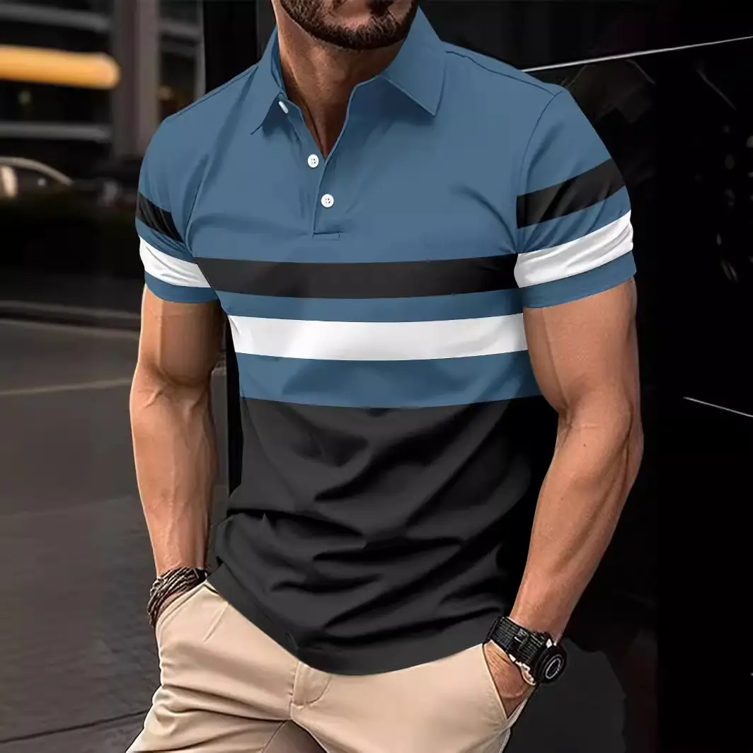 Men's Striped Polo Shirt Olive Black White 2024 Summer - Image 6
