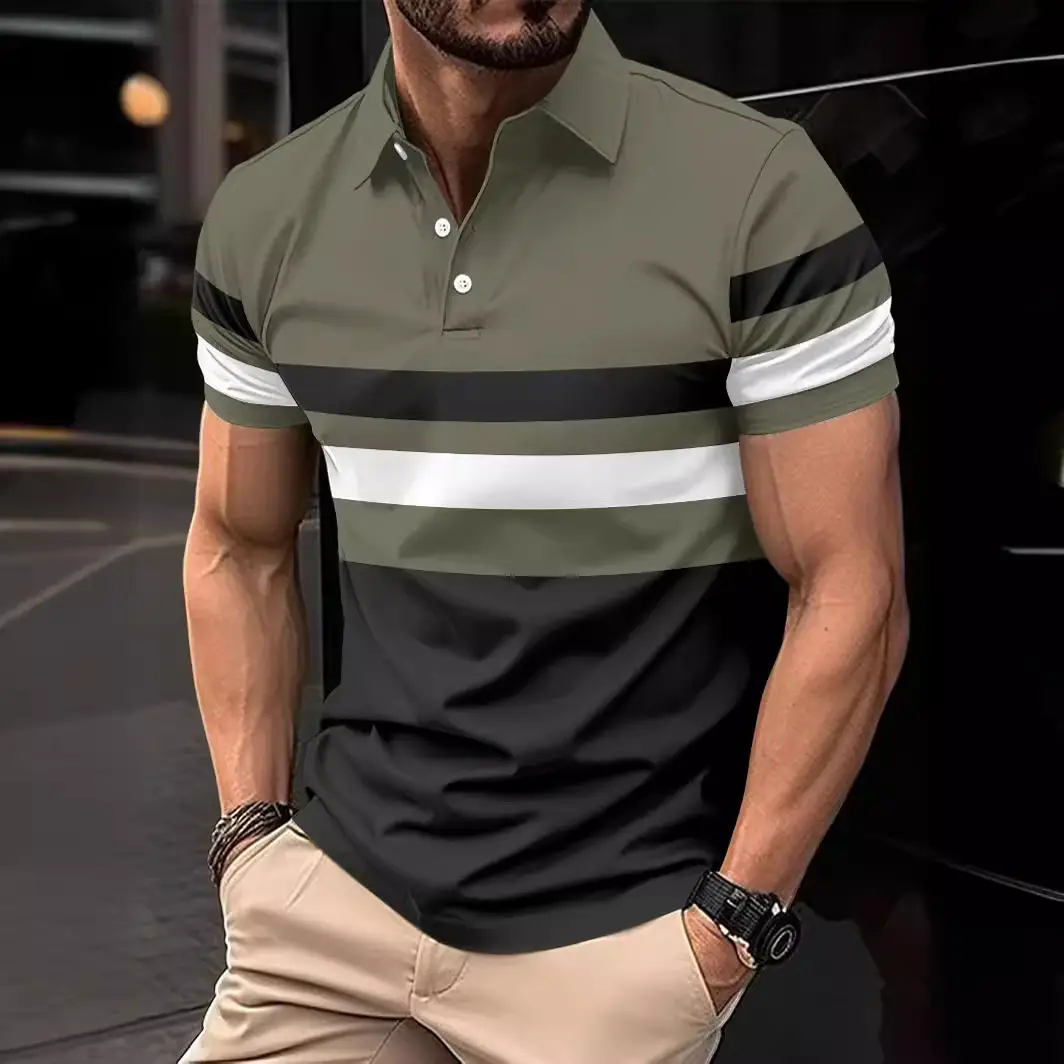 Men's Striped Polo Shirt Olive Black White 2024 Summer - Image 8