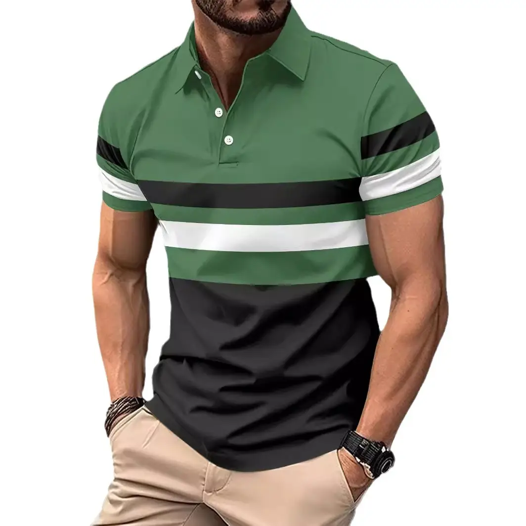 Men's Striped Polo Shirt Olive Black White 2024 Summer - Image 9