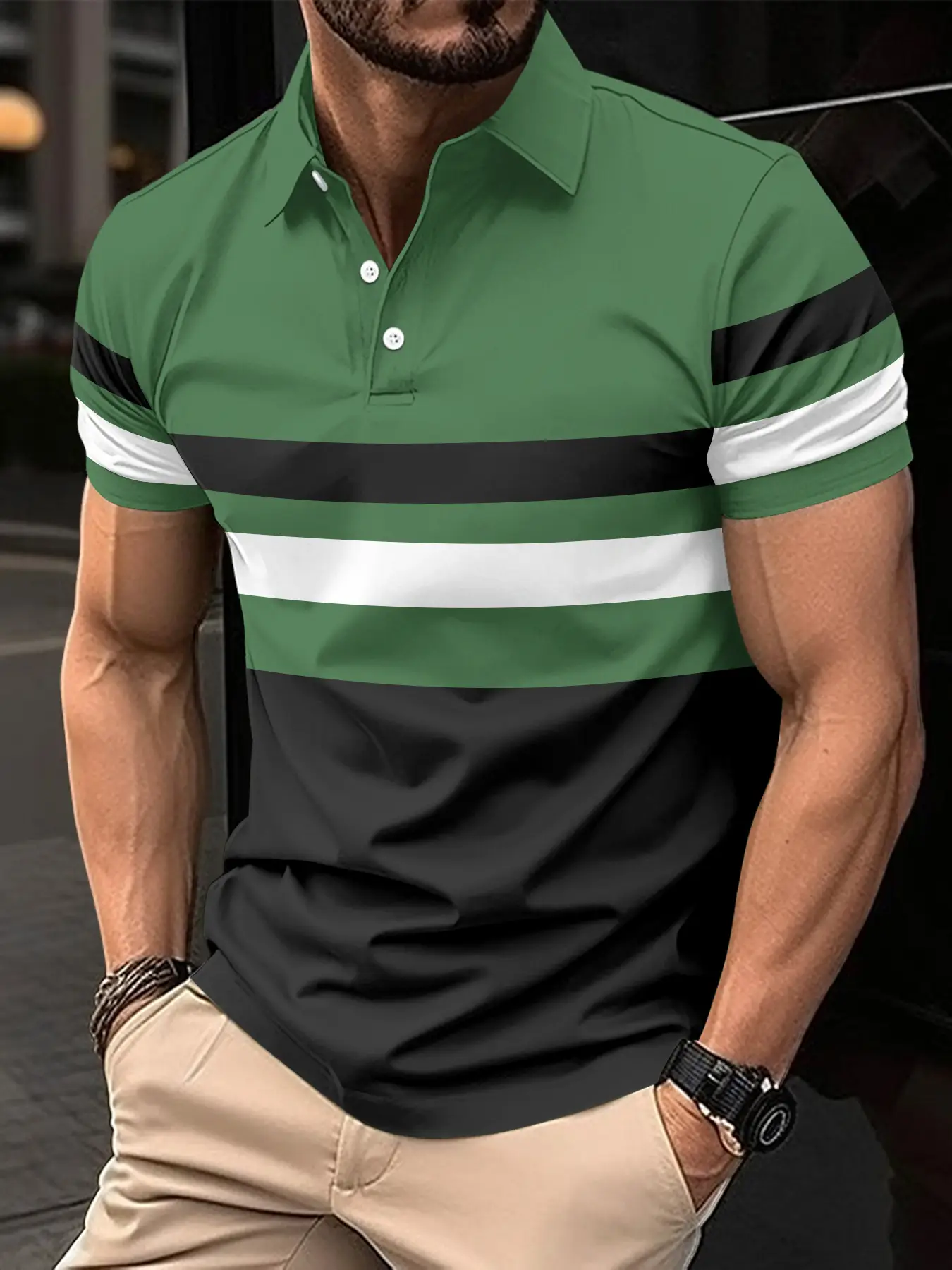 Men's Striped Polo Shirt Olive Black White 2024 Summer — feature 5