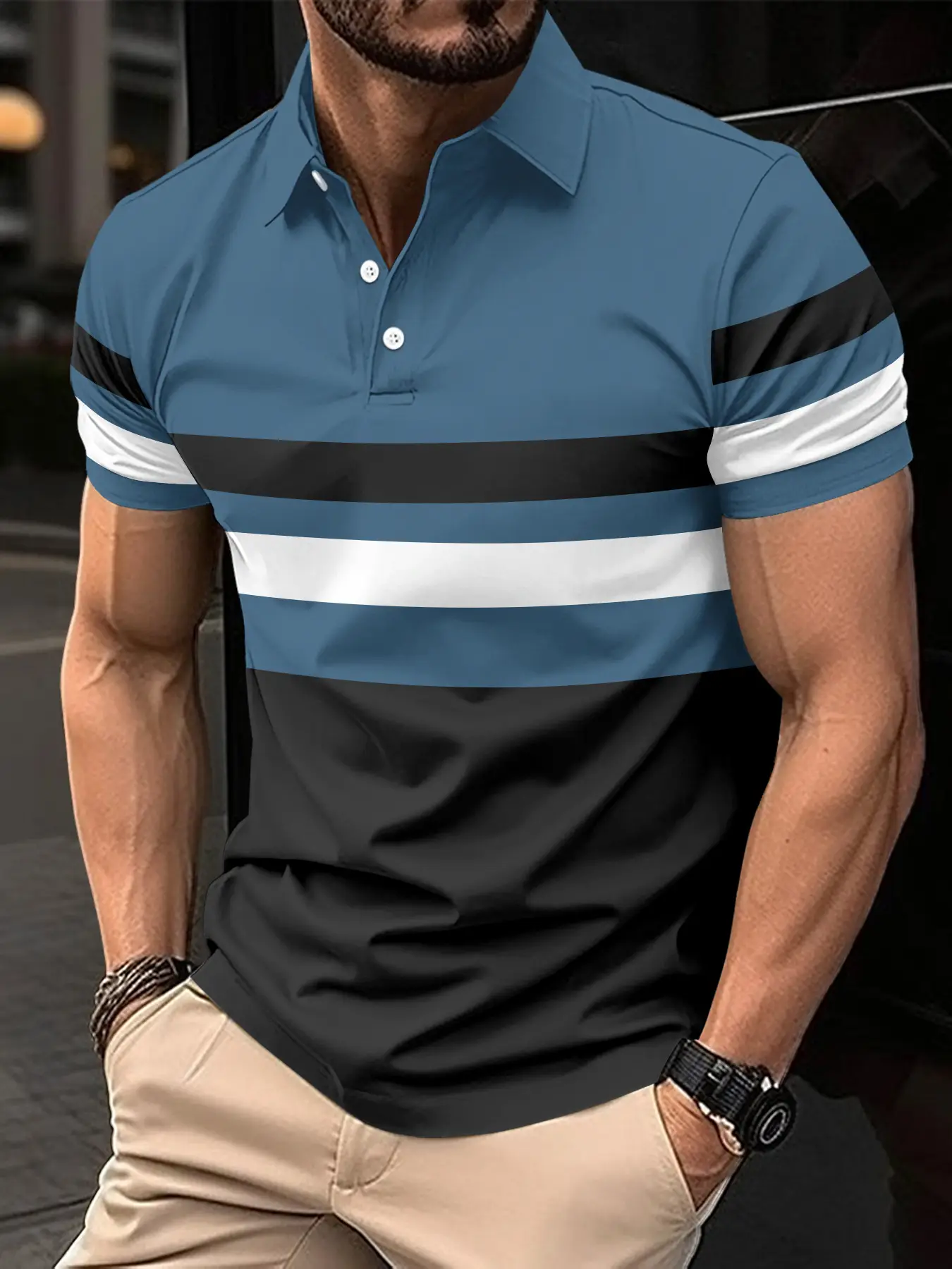 Men's Striped Polo Shirt Olive Black White 2024 Summer - Image 4