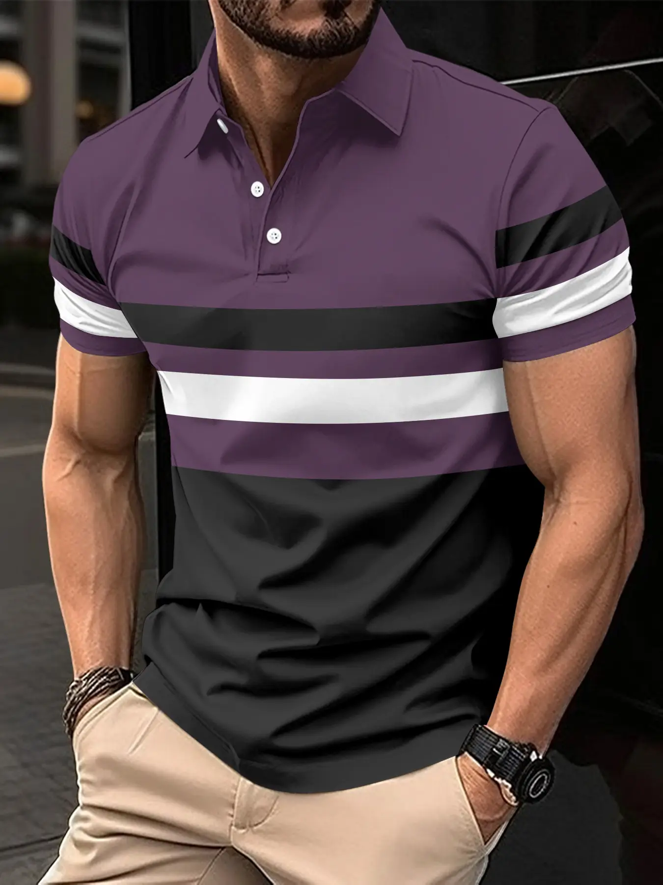 Men's Striped Polo Shirt Olive Black White 2024 Summer - Image 2