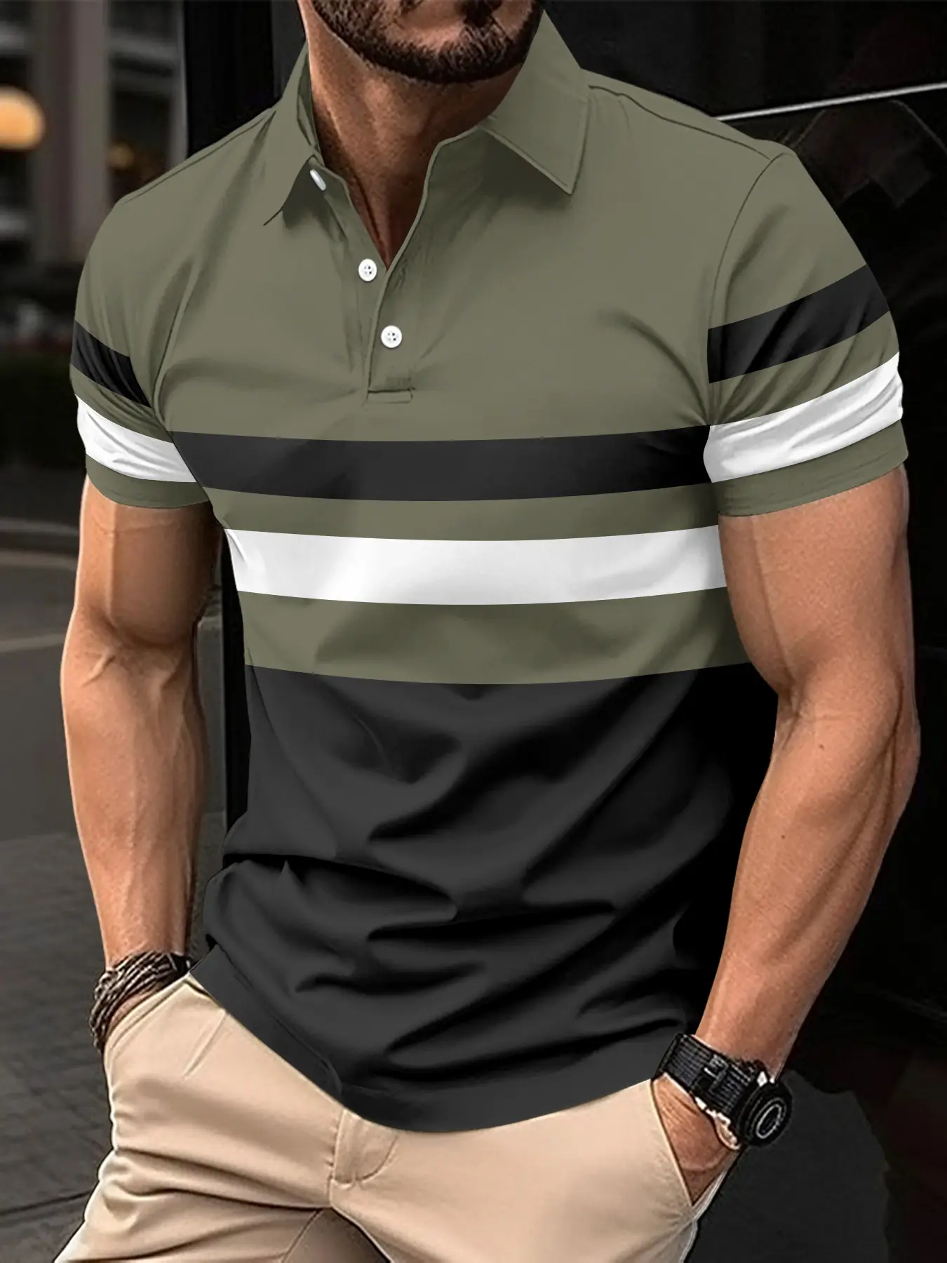 Men's Striped Polo Shirt Olive Black White 2024 Summer - Image 3