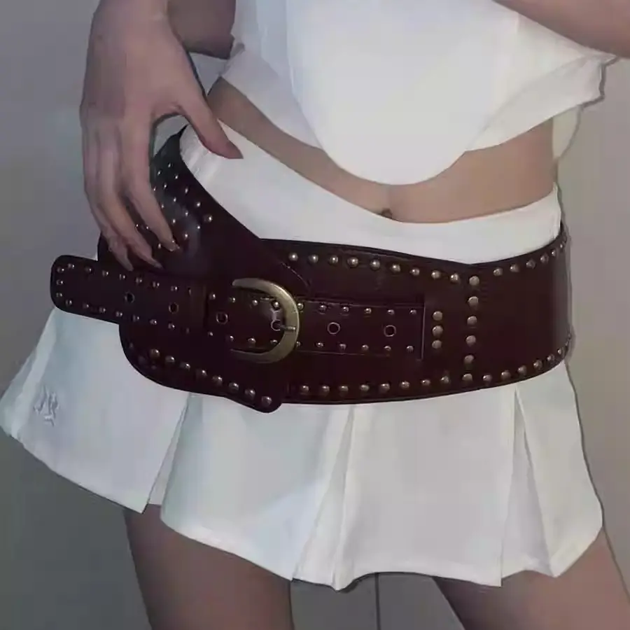 Women's Black Rivet Wide Belt Retro Fashion Dress - Image 5