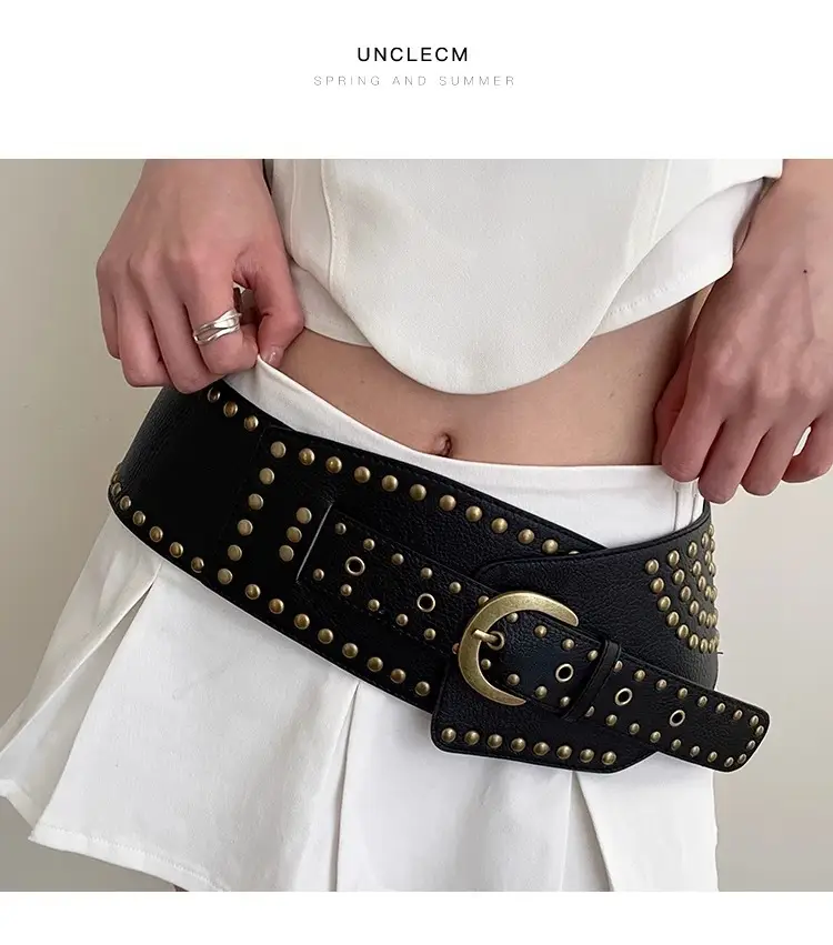 Women's Black Rivet Wide Belt Retro Fashion Dress — feature 1