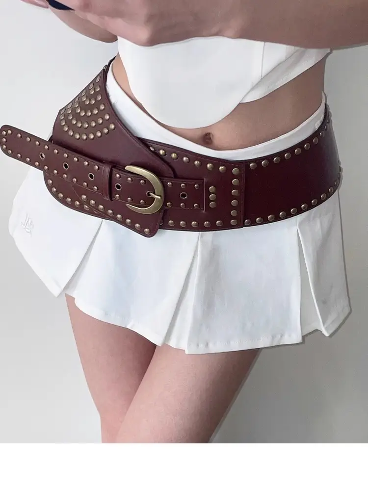 Women's Black Rivet Wide Belt Retro Fashion Dress — feature 10