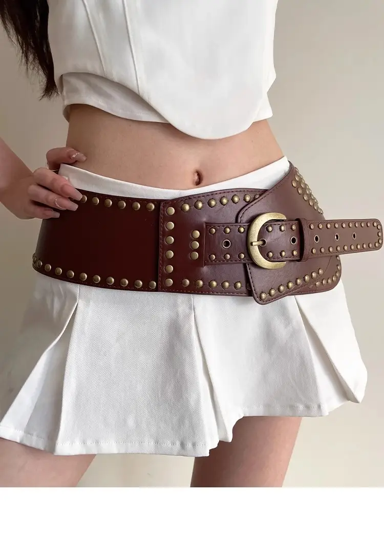 Women's Black Rivet Wide Belt Retro Fashion Dress — feature 12