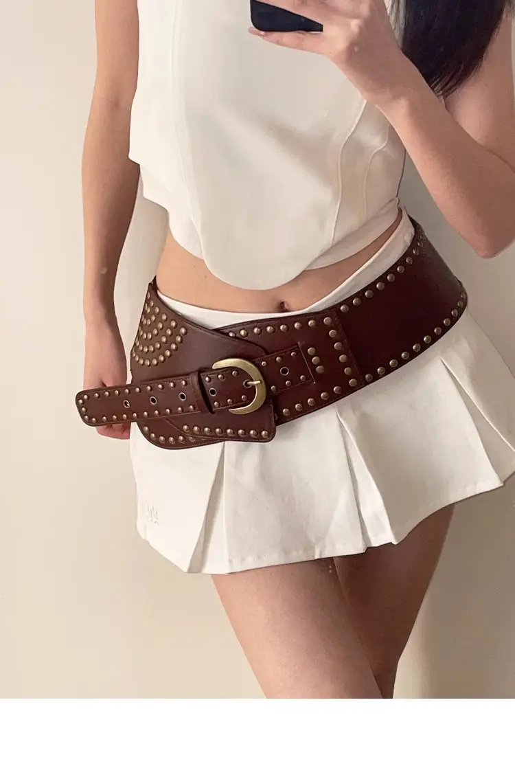Women's Black Rivet Wide Belt Retro Fashion Dress — feature 13