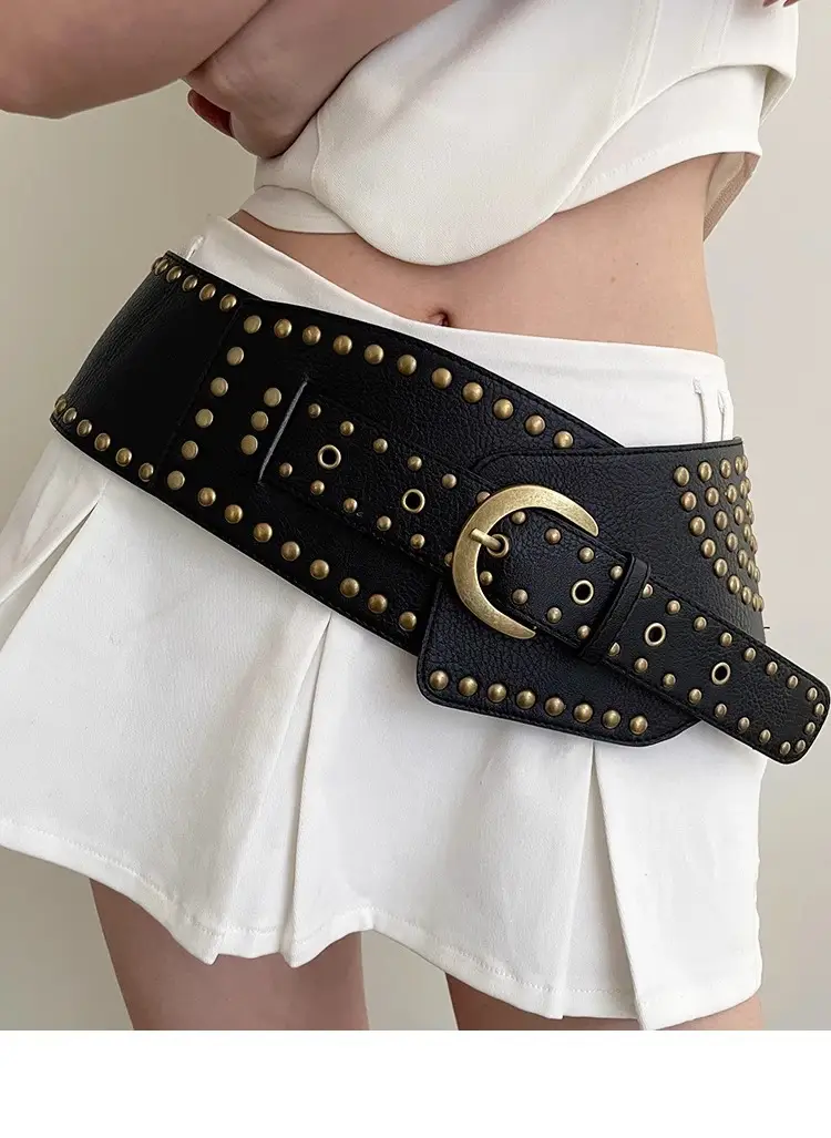 Women's Black Rivet Wide Belt Retro Fashion Dress — feature 15