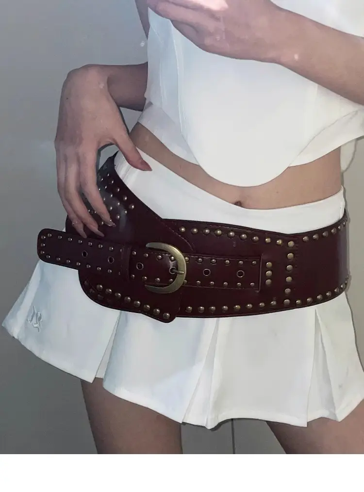 Women's Black Rivet Wide Belt Retro Fashion Dress — feature 2