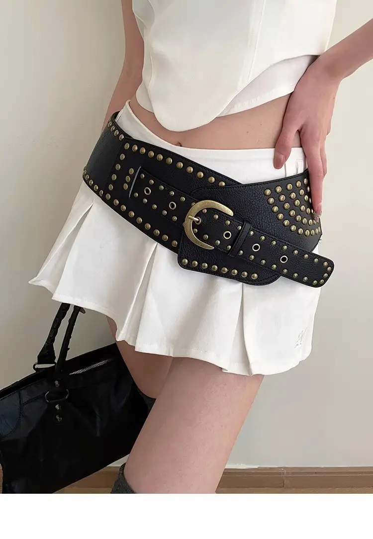 Women's Black Rivet Wide Belt Retro Fashion Dress — feature 3