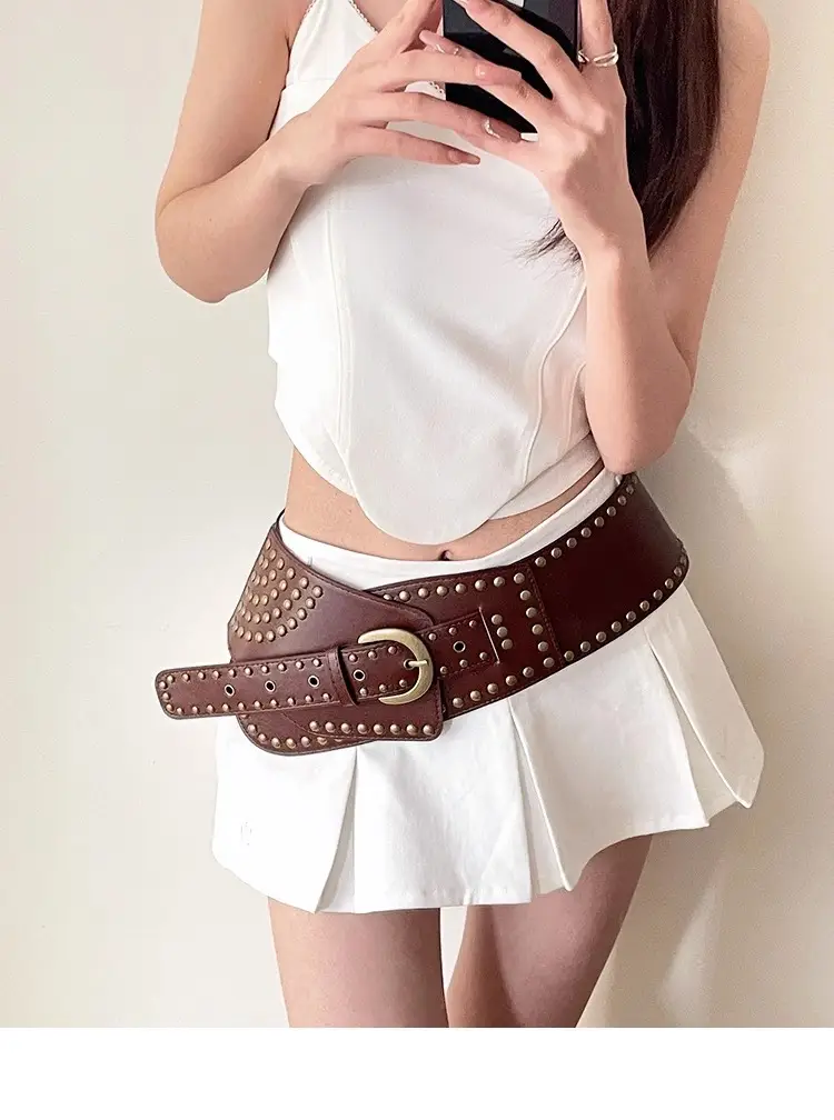 Women's Black Rivet Wide Belt Retro Fashion Dress — feature 4