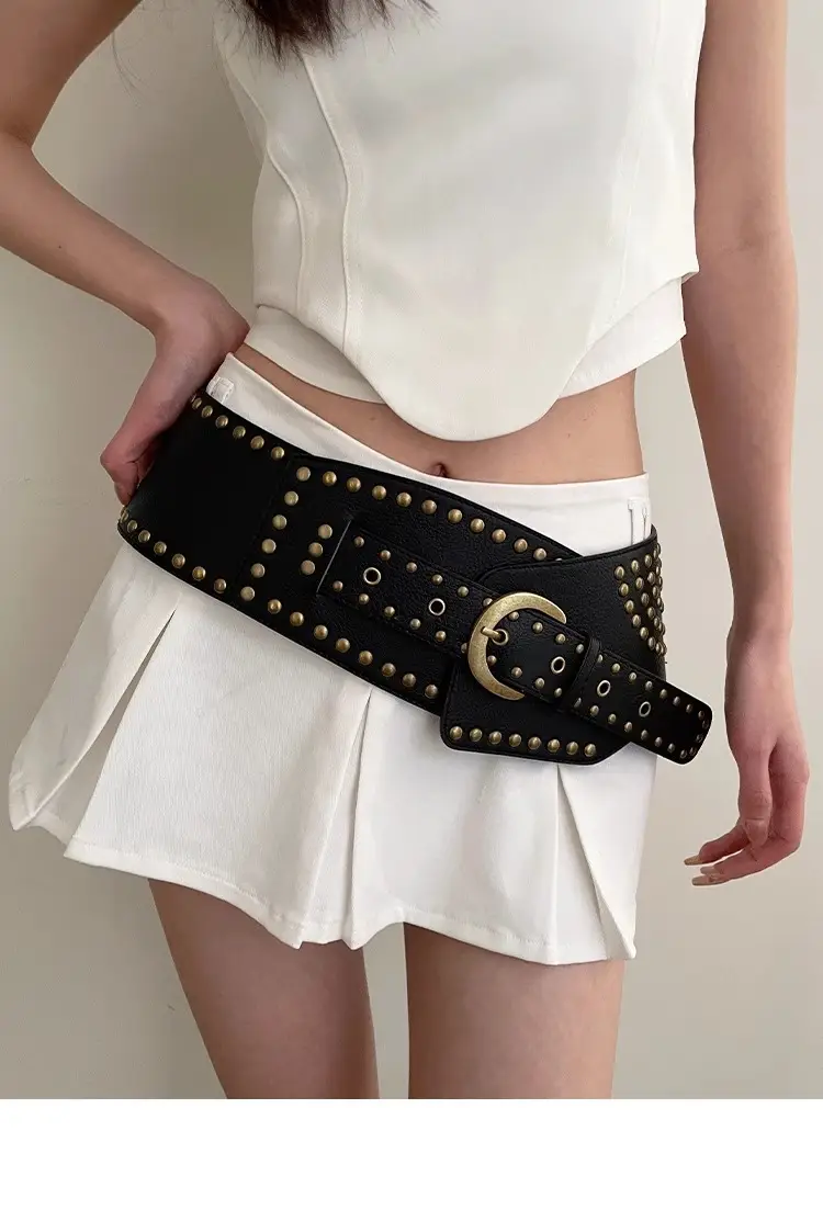 Women's Black Rivet Wide Belt Retro Fashion Dress — feature 6