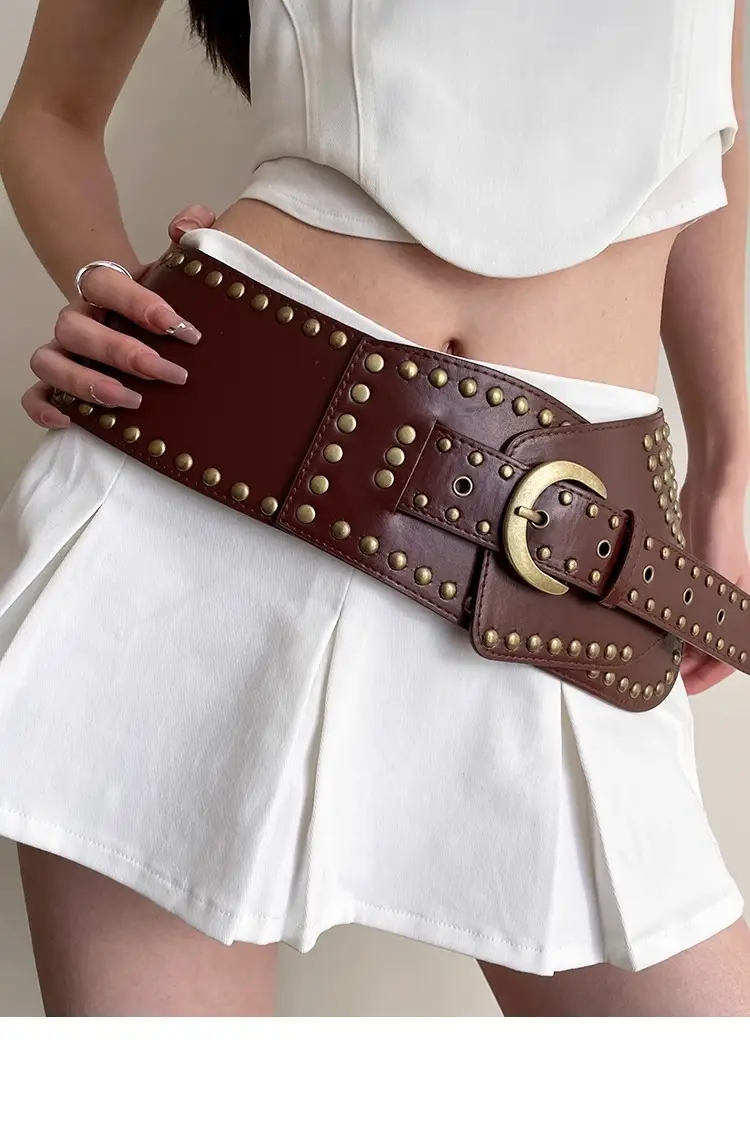 Women's Black Rivet Wide Belt Retro Fashion Dress — feature 9