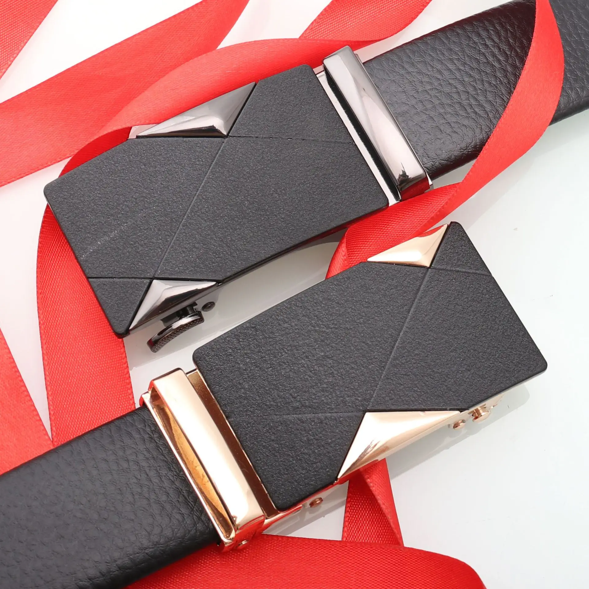 Men's Black Leather Belt with Rose Gold Automatic Buckle - Image 14