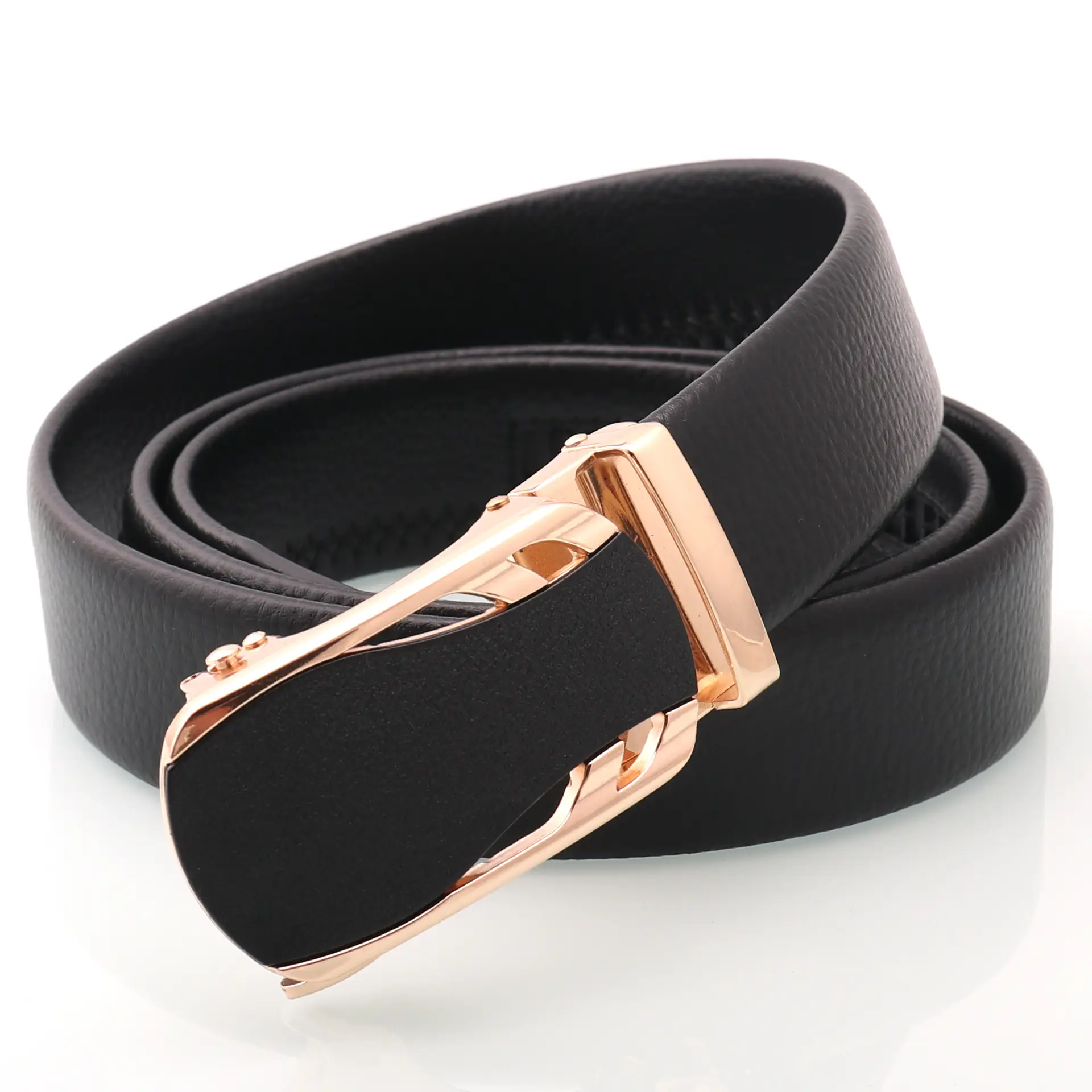 Men's Black Leather Belt with Rose Gold Automatic Buckle - Image 17