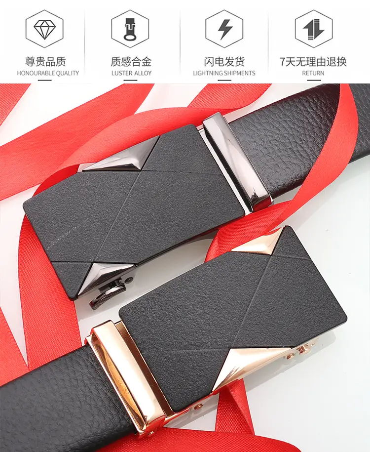 Men's Black Leather Belt with Rose Gold Automatic Buckle — feature 3