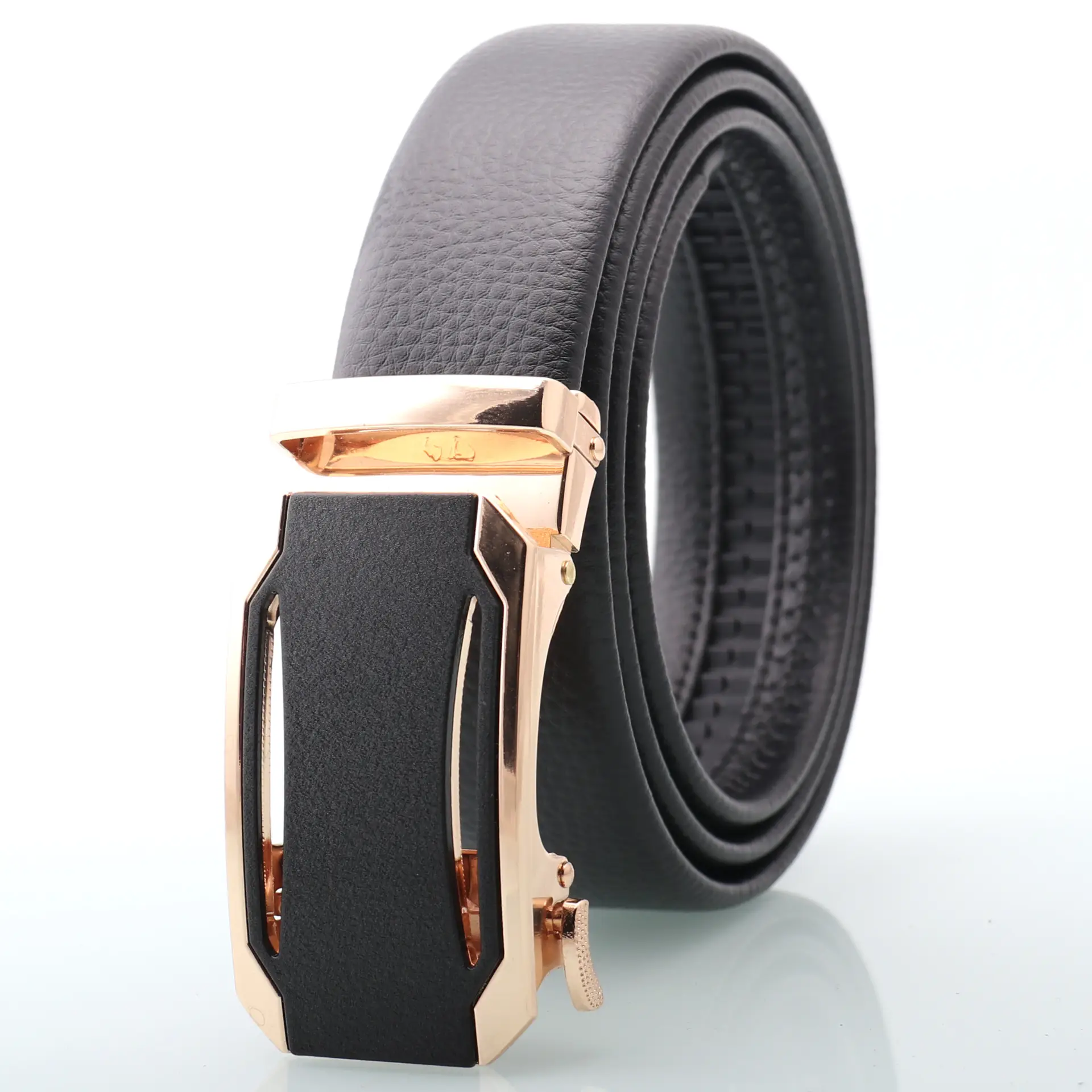 Men's Black Leather Belt with Rose Gold Automatic Buckle - Image 10