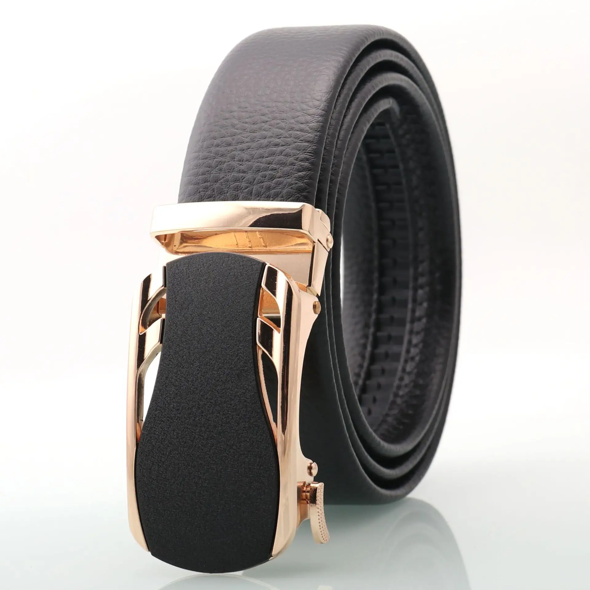 Men's Black Leather Belt with Rose Gold Automatic Buckle - Image 7