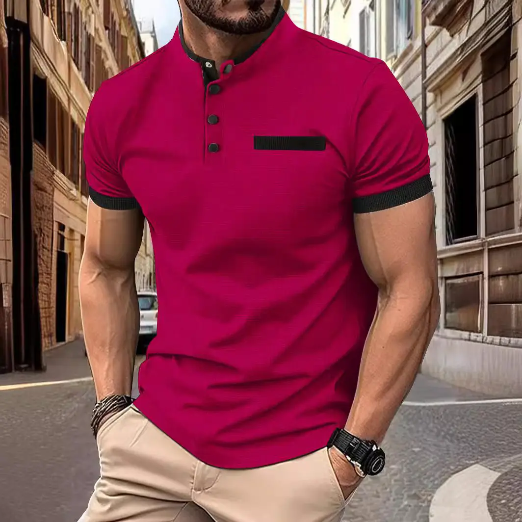 Men's Black Polo Shirt with Plaid Collar 2024 Summer - Image 6