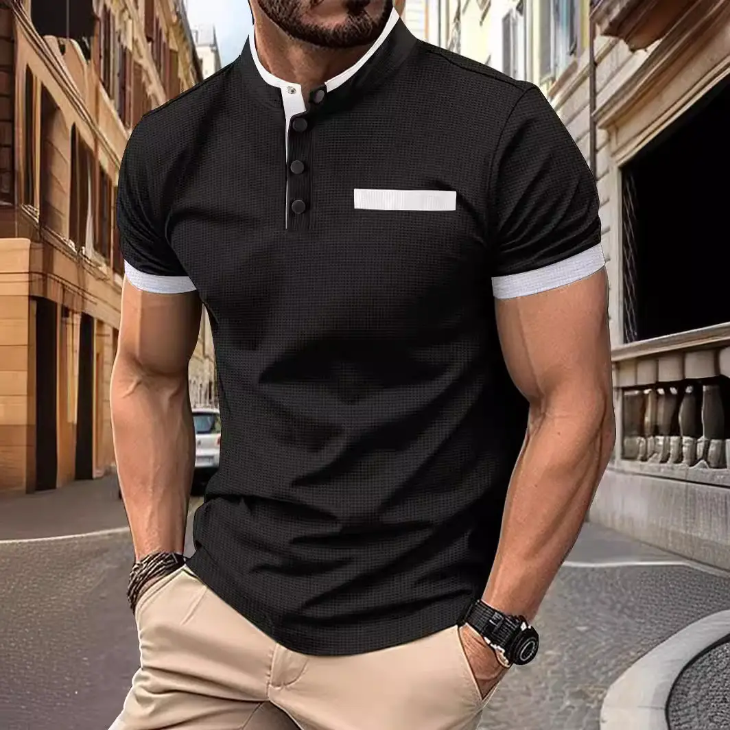 Men's Black Polo Shirt with Plaid Collar 2024 Summer - Image 7