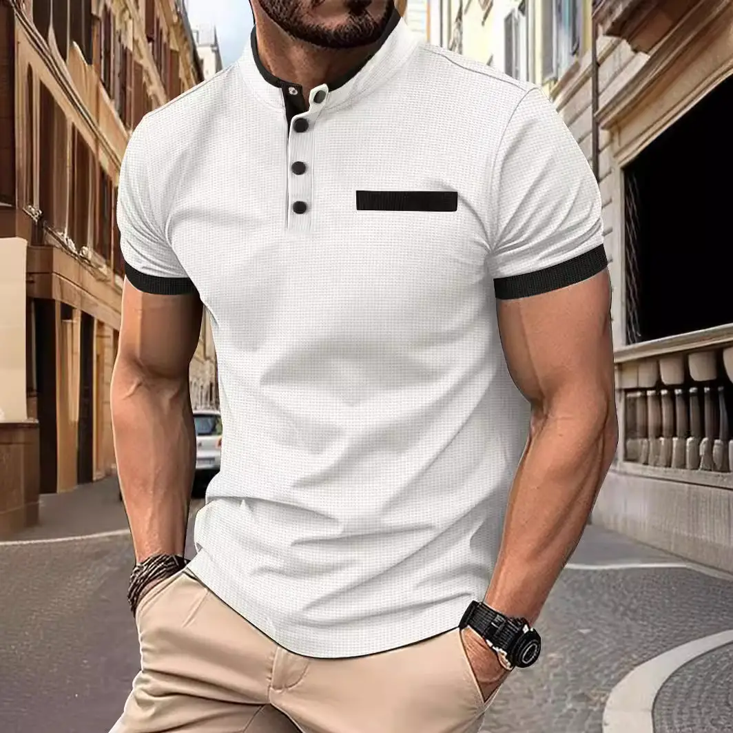 Men's Black Polo Shirt with Plaid Collar 2024 Summer - Image 8
