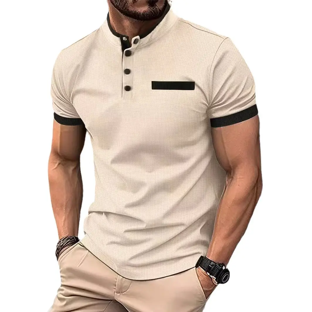 Men's Black Polo Shirt with Plaid Collar 2024 Summer - Image 9
