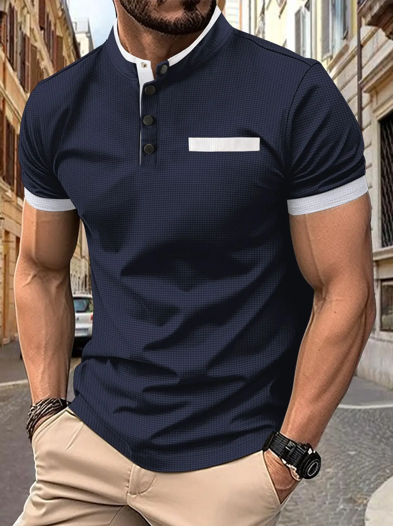 Men's Black Polo Shirt with Plaid Collar 2024 Summer — feature 3