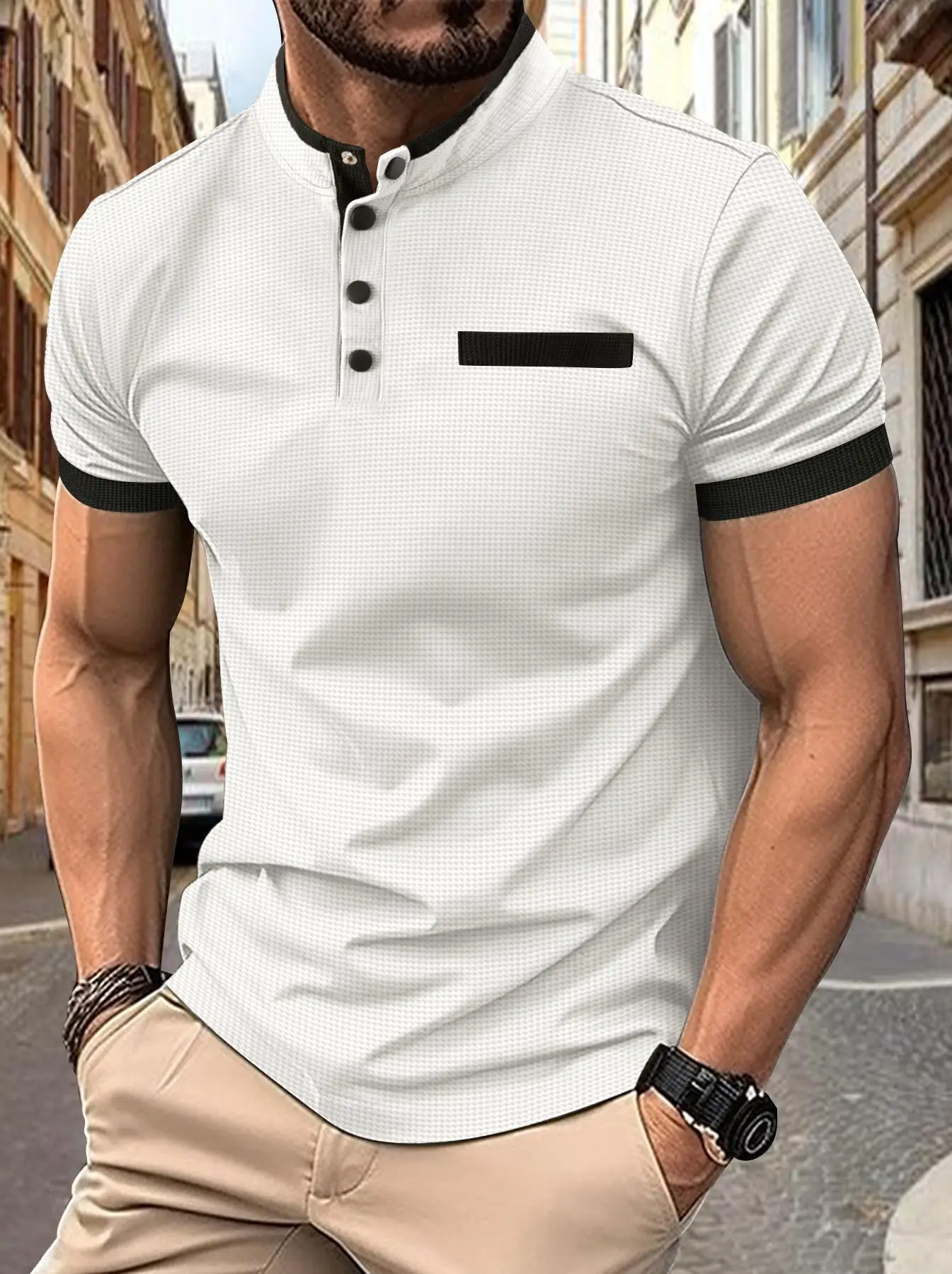 Men's Black Polo Shirt with Plaid Collar 2024 Summer — feature 6