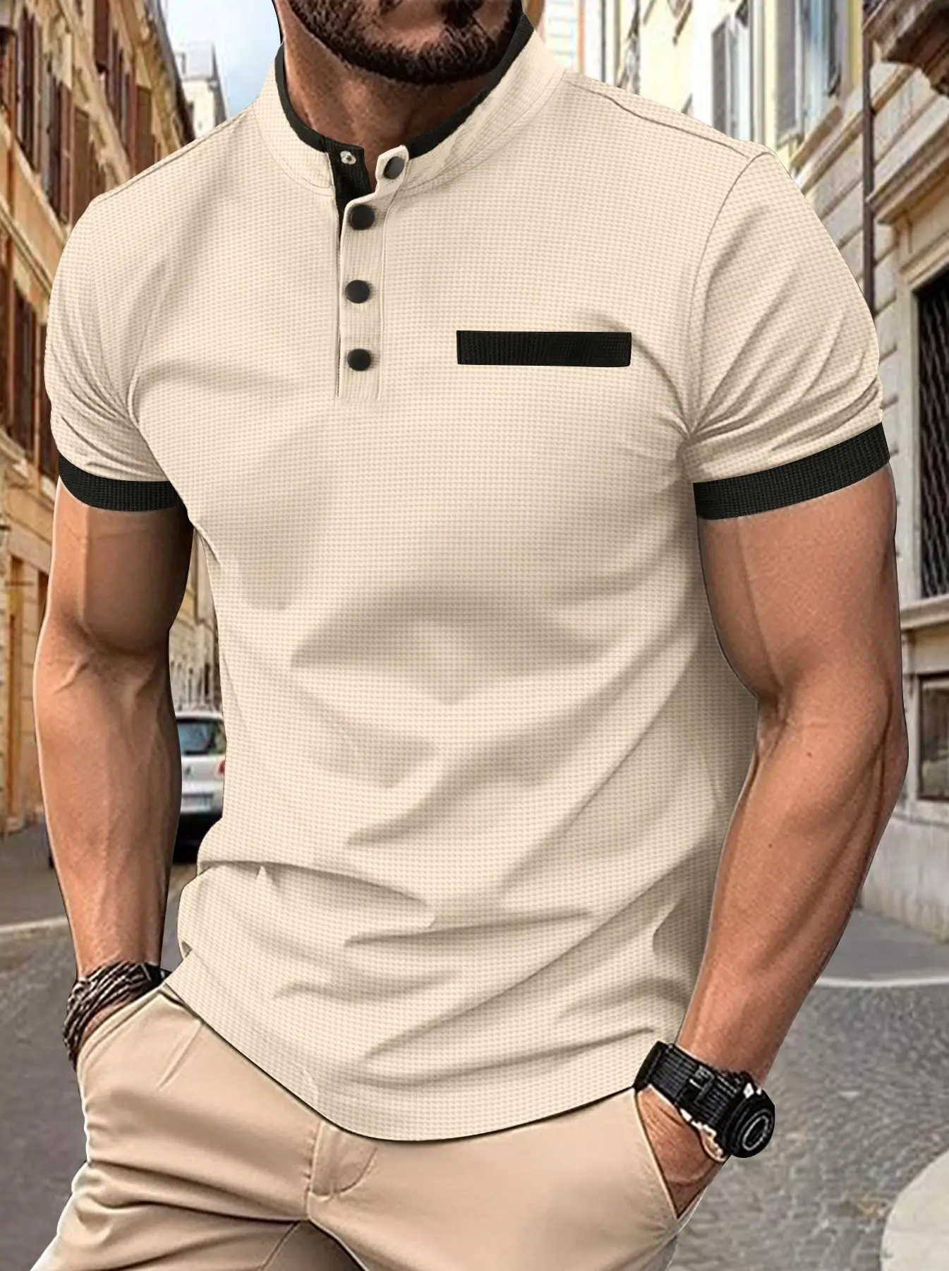 Men's Black Polo Shirt with Plaid Collar 2024 Summer — feature 2