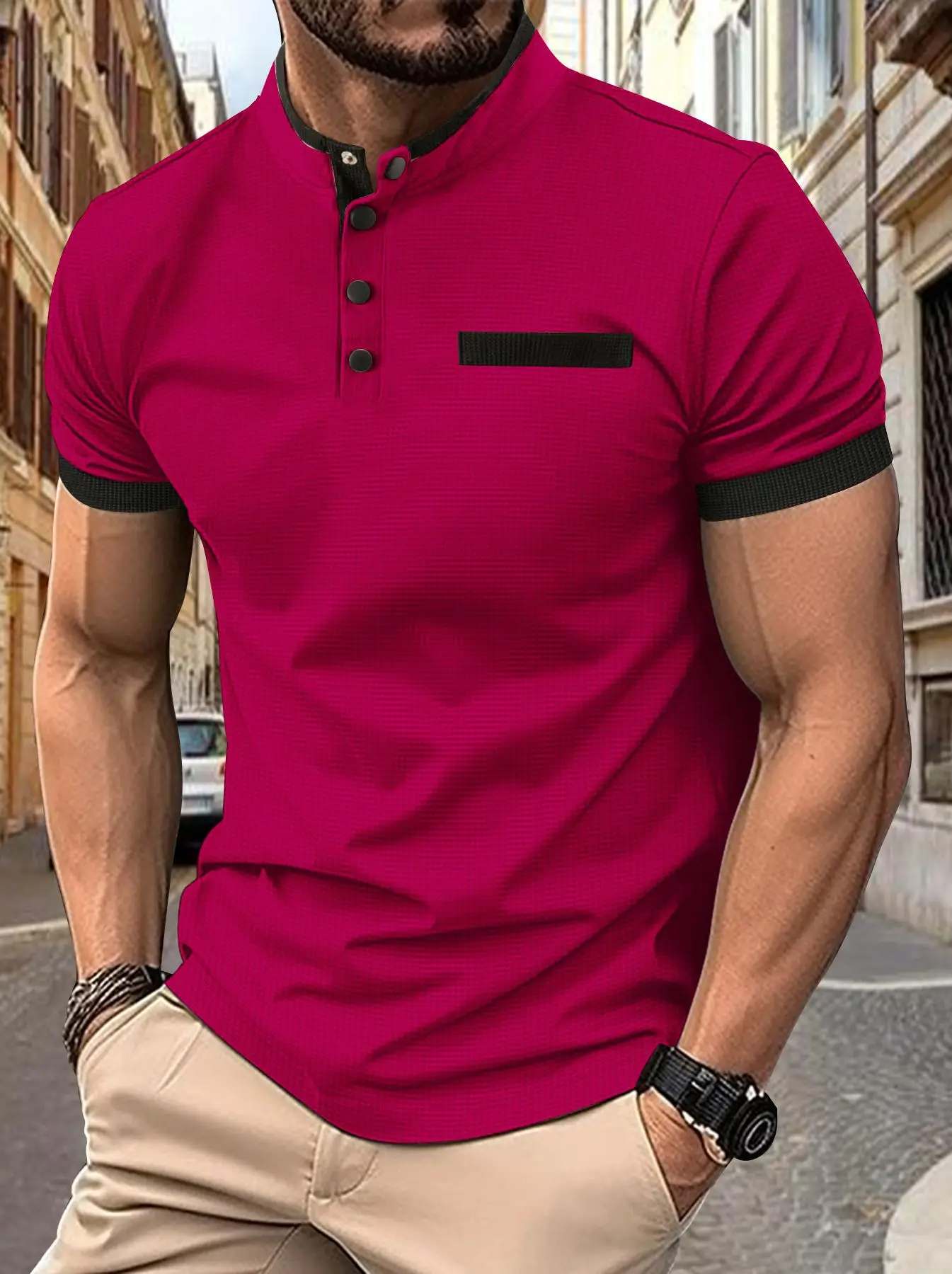 Men's Black Polo Shirt with Plaid Collar 2024 Summer - Image 3