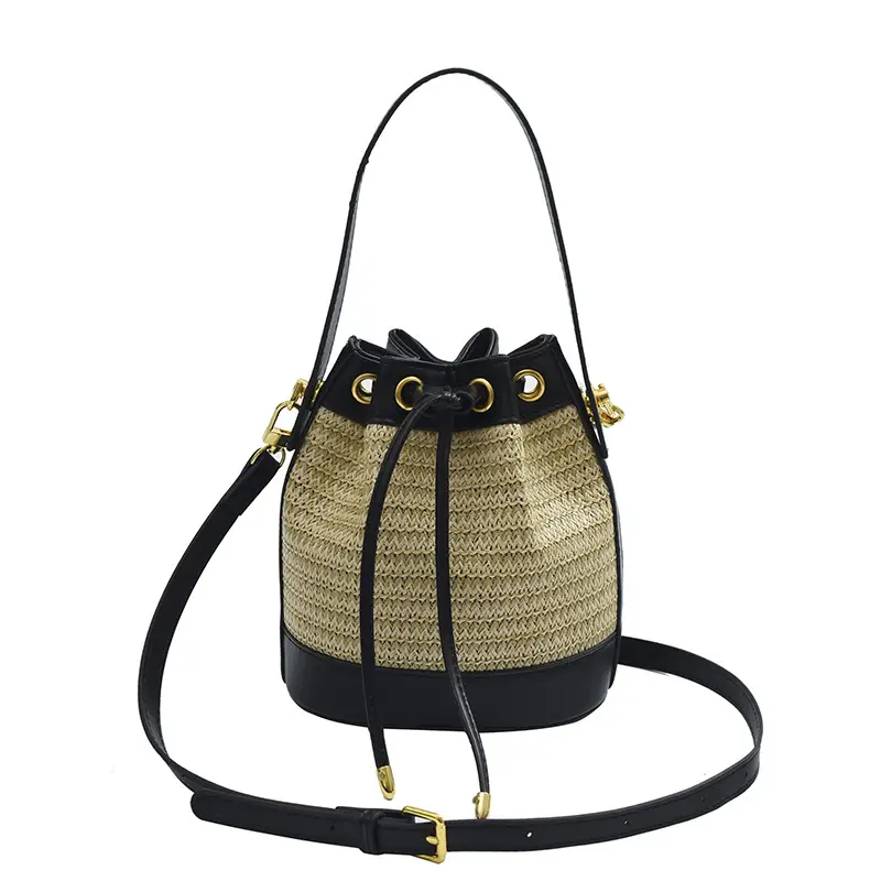 Women's Woven Bucket Bag Black Gold Gold Plated - Image 4