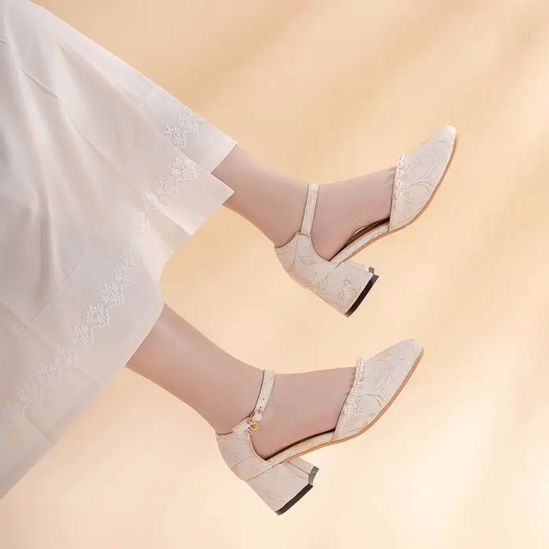 High Heels for Women 2025 Summer New Daily Square Toe Thick Heel New Chinese Style Versatile One-Line Pearl Shoes for Women - Image 3