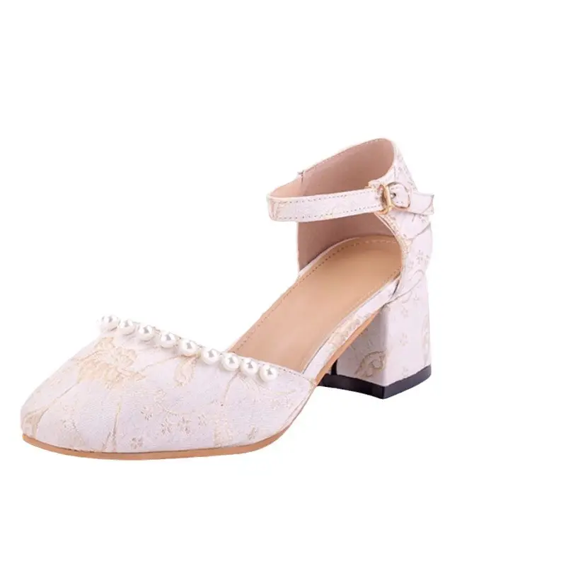 High Heels for Women 2025 Summer New Daily Square Toe Thick Heel New Chinese Style Versatile One-Line Pearl Shoes for Women - Image 6