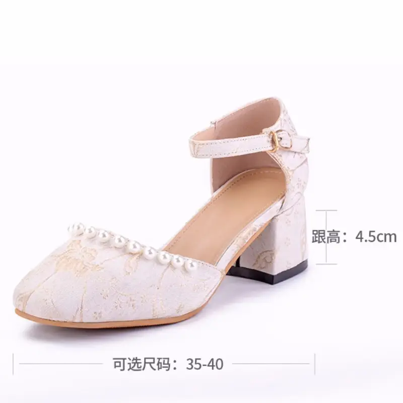 High Heels for Women 2025 Summer New Daily Square Toe Thick Heel New Chinese Style Versatile One-Line Pearl Shoes for Women — feature 2
