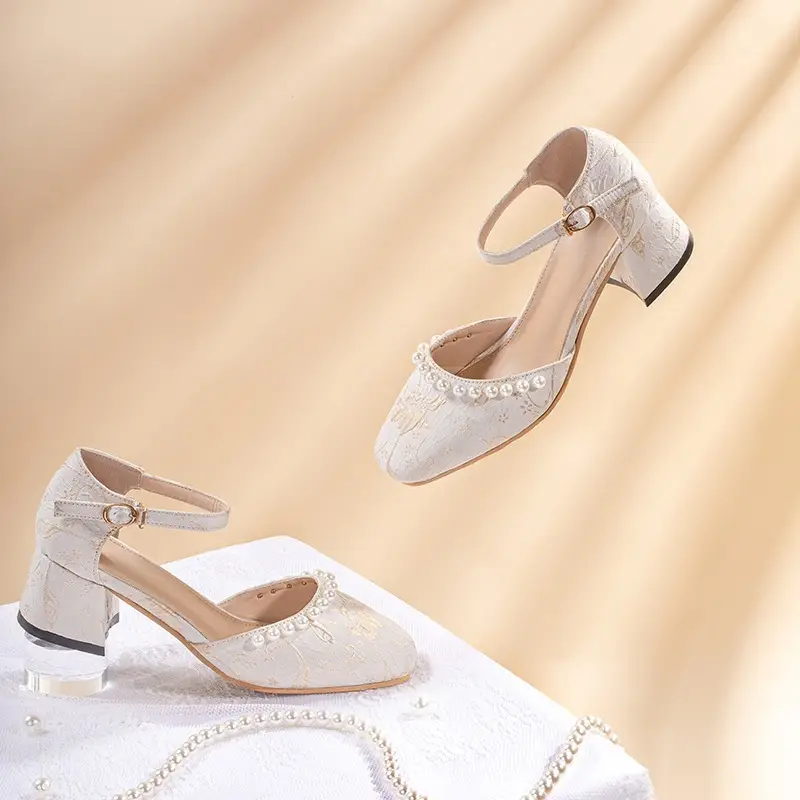 High Heels for Women 2025 Summer New Daily Square Toe Thick Heel New Chinese Style Versatile One-Line Pearl Shoes for Women — feature 6