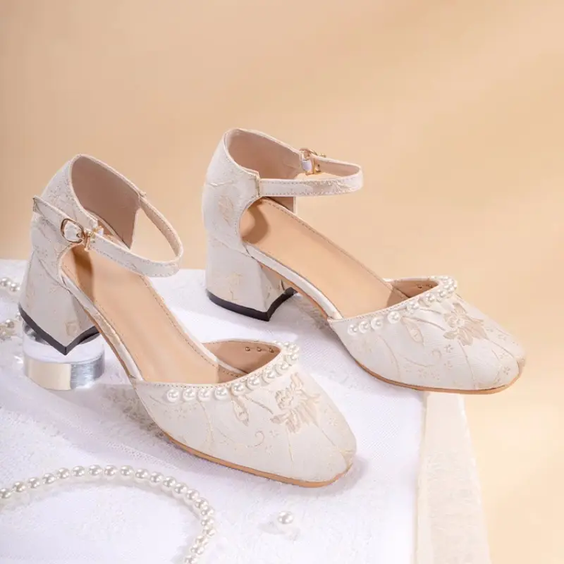 High Heels for Women 2025 Summer New Daily Square Toe Thick Heel New Chinese Style Versatile One-Line Pearl Shoes for Women — feature 7