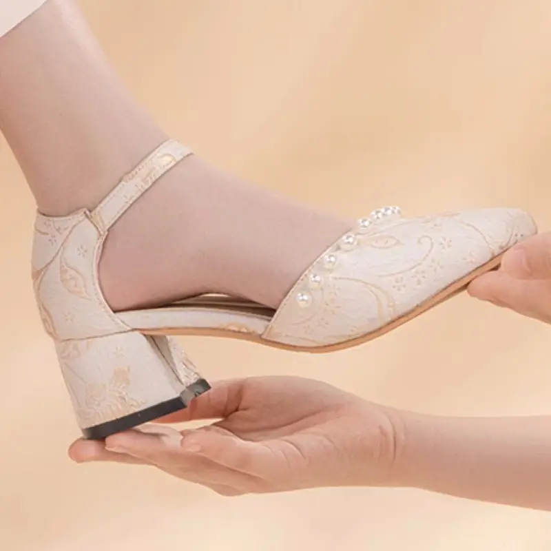 High Heels for Women 2025 Summer New Daily Square Toe Thick Heel New Chinese Style Versatile One-Line Pearl Shoes for Women — feature 8