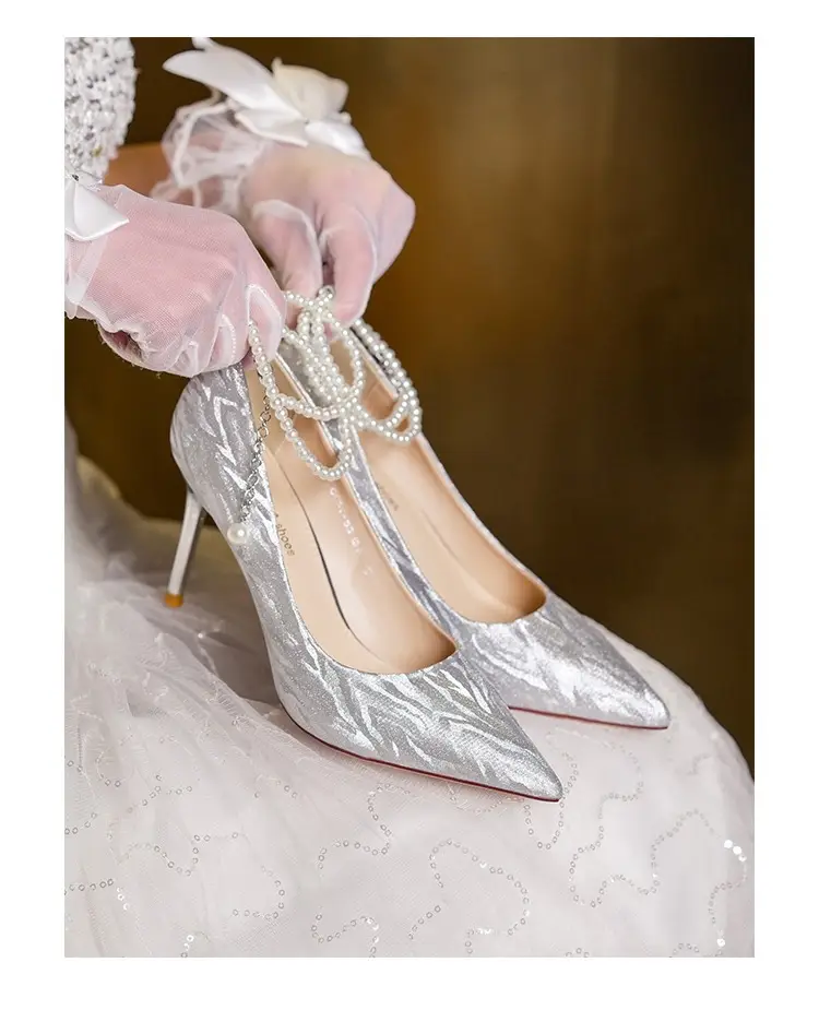 Silver High Heels for Women 2025 New Style Pointed Toe Stiletto Heels Pearl Shallow Mouth One-Word Straps High-End Wedding Shoes Flats for Women — feature 1