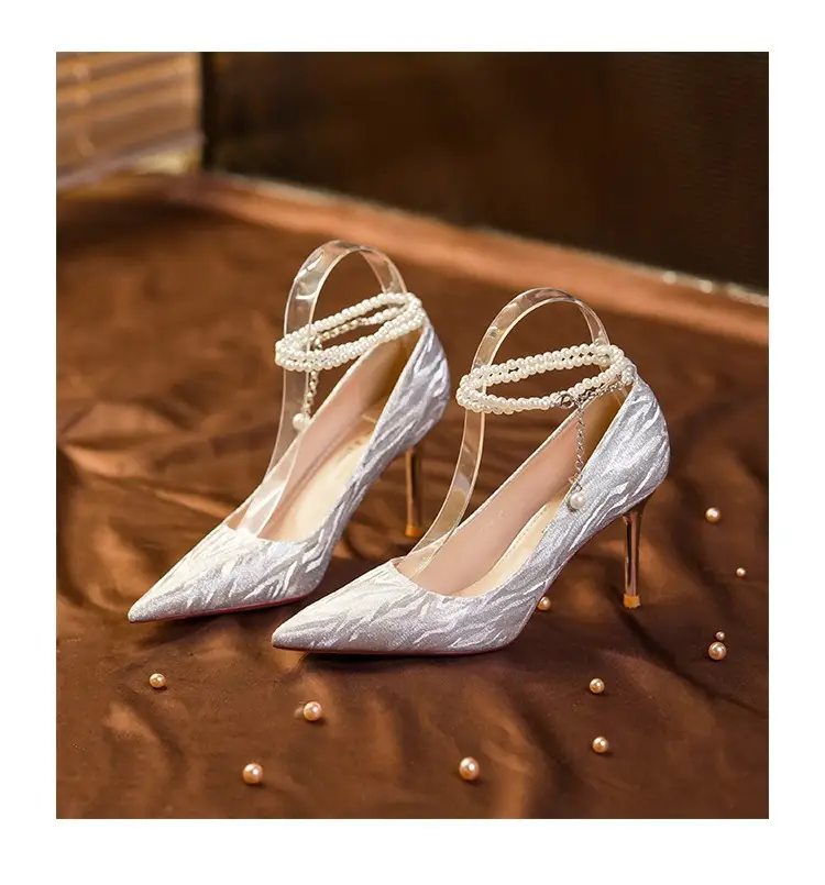 Silver High Heels for Women 2025 New Style Pointed Toe Stiletto Heels Pearl Shallow Mouth One-Word Straps High-End Wedding Shoes Flats for Women — feature 10
