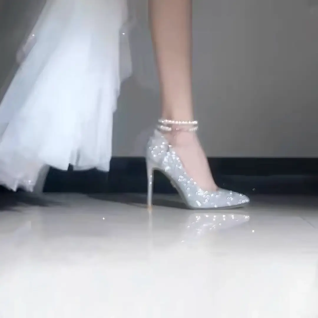Silver High Heels for Women 2025 New Style Pointed Toe Stiletto Heels Pearl Shallow Mouth One-Word Straps High-End Wedding Shoes Flats for Women — feature 14